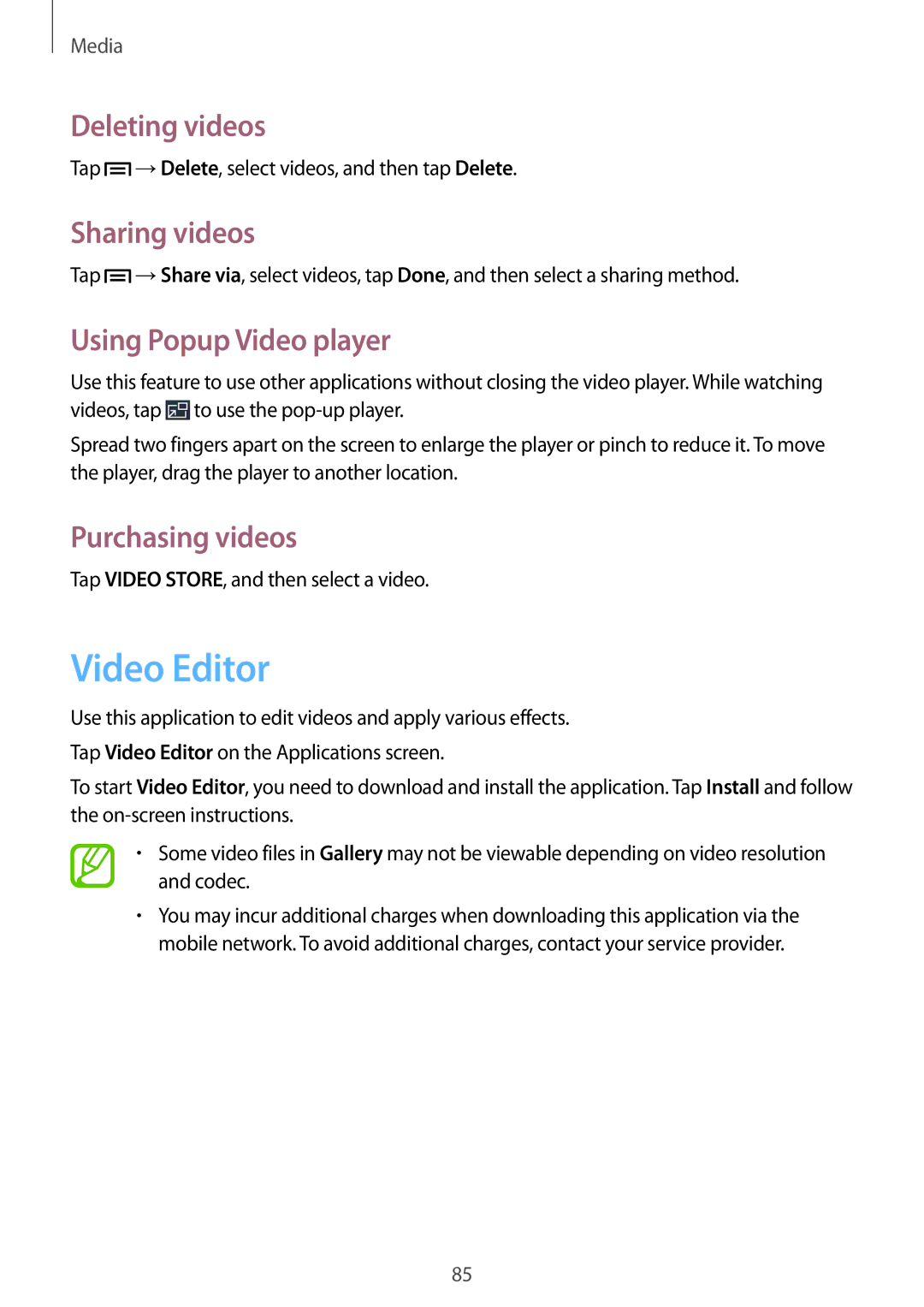 Samsung SM-P6010ZKEMGF manual Video Editor, Deleting videos, Sharing videos, Using Popup Video player, Purchasing videos 