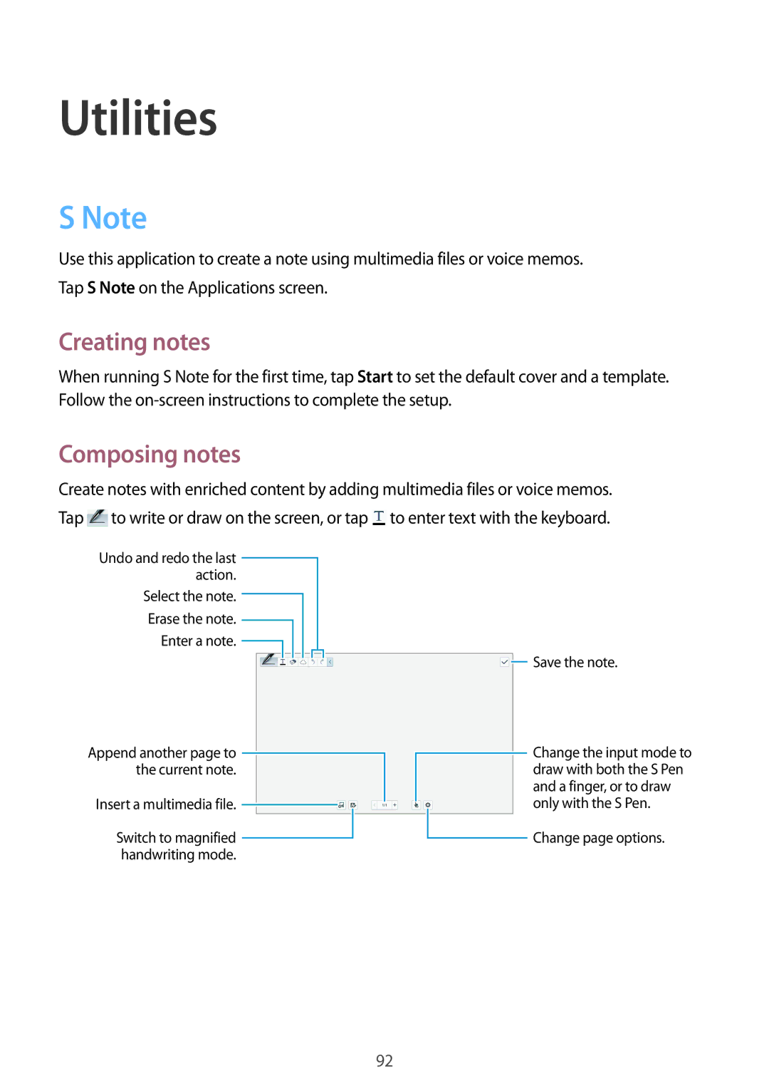 Samsung SM-P6010ZKESER, SM-P6010ZKAXXV, SM-P6010ZWAXXV, SM-P6010ZKAMGF manual Utilities, Creating notes, Composing notes 