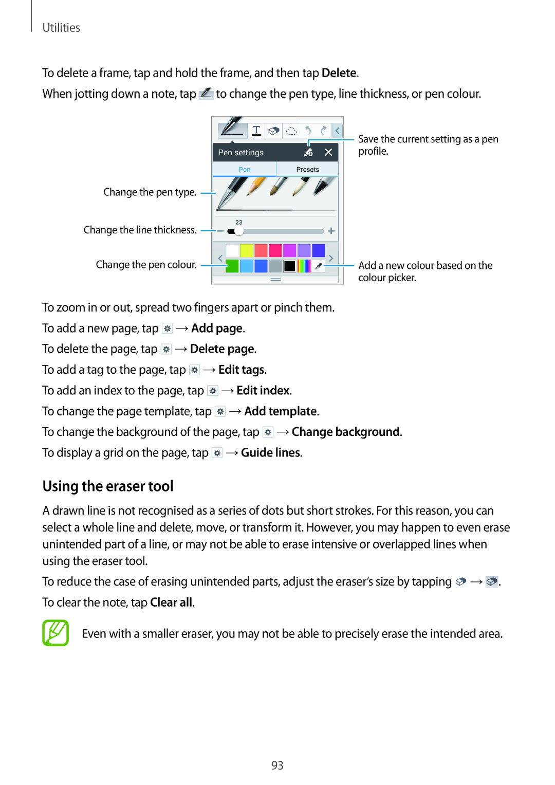 Samsung SM-P6010ZKAMGF, SM-P6010ZKAXXV, SM-P6010ZWAXXV, SM-P6010ZKESER, SM-P6010ZKASER manual Using the eraser tool, Utilities 