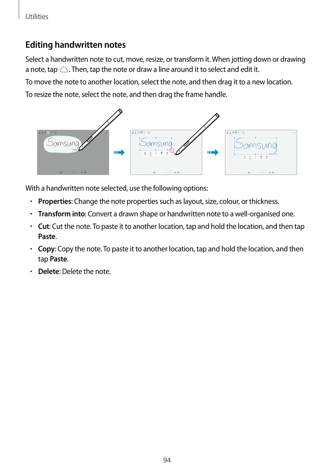 Samsung SM-P6010ZKASER, SM-P6010ZKAXXV, SM-P6010ZWAXXV, SM-P6010ZKESER, SM-P6010ZKAMGF manual Editing handwritten notes 