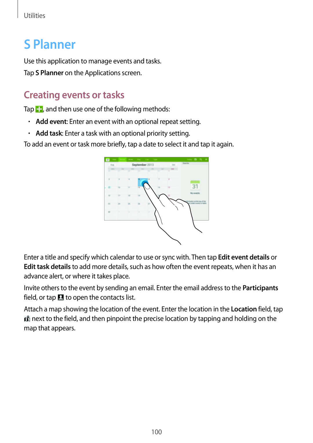 Samsung SM-P6010ZKAXXV, SM-P6010ZWAXXV, SM-P6010ZKESER, SM-P6010ZKAMGF, SM-P6010ZKASER manual Planner, Creating events or tasks 