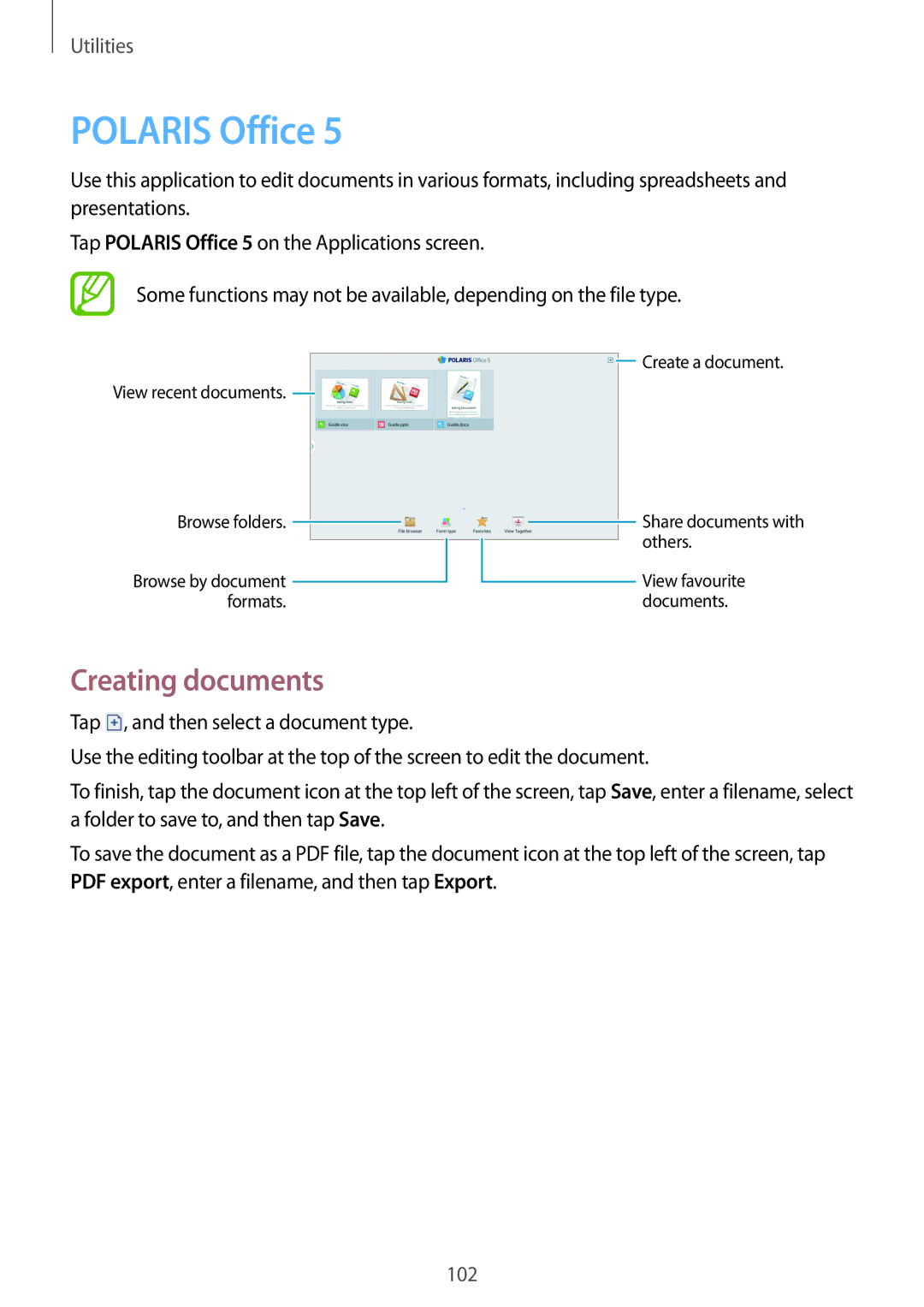 Samsung SM-P6010ZKESER, SM-P6010ZKAXXV, SM-P6010ZWAXXV, SM-P6010ZKAMGF, SM-P6010ZKASER Polaris Office, Creating documents 