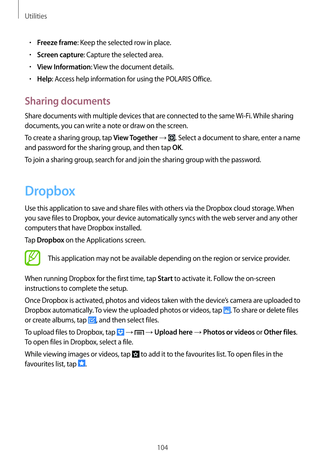 Samsung SM-P6010ZKASER, SM-P6010ZKAXXV, SM-P6010ZWAXXV, SM-P6010ZKESER, SM-P6010ZKAMGF manual Dropbox, Sharing documents 