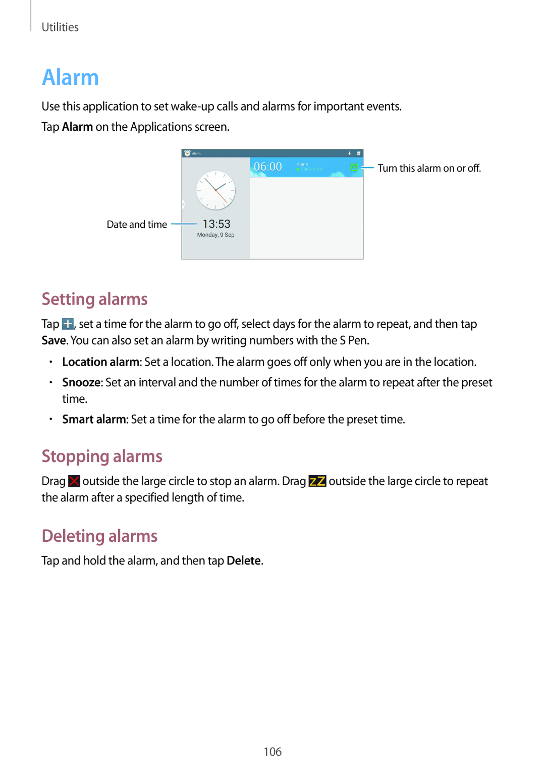 Samsung SM-P6010ZWAMGF, SM-P6010ZKAXXV, SM-P6010ZWAXXV manual Alarm, Setting alarms, Stopping alarms, Deleting alarms 