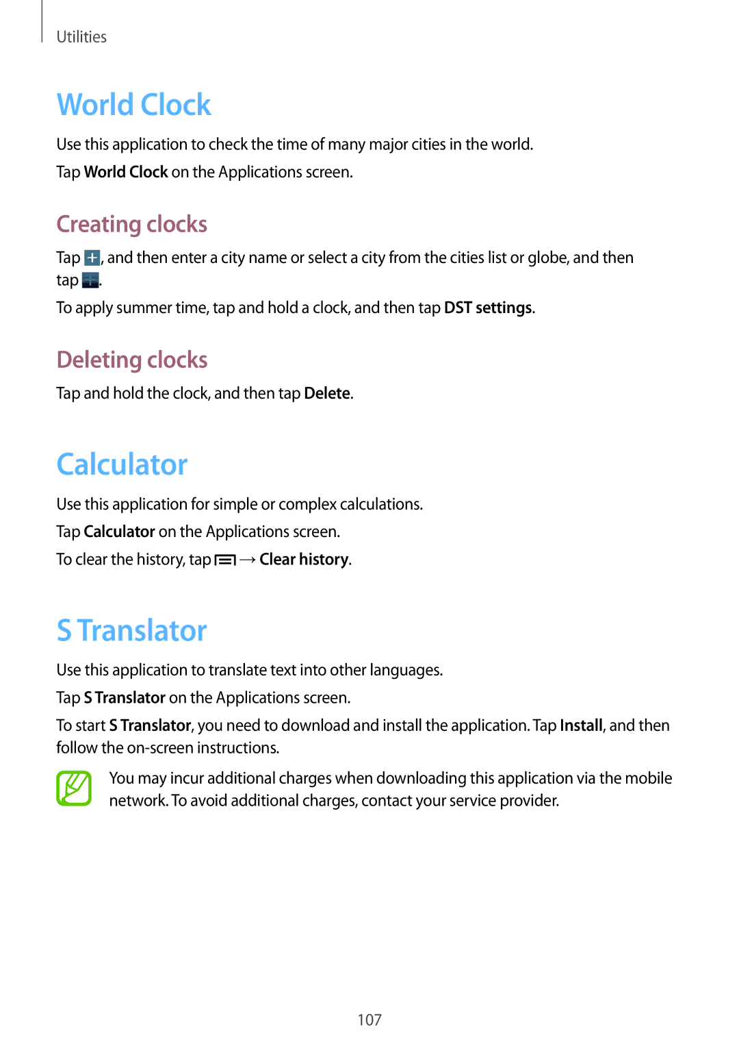 Samsung SM-P6010ZWESER, SM-P6010ZKAXXV manual World Clock, Calculator, Translator, Creating clocks, Deleting clocks 