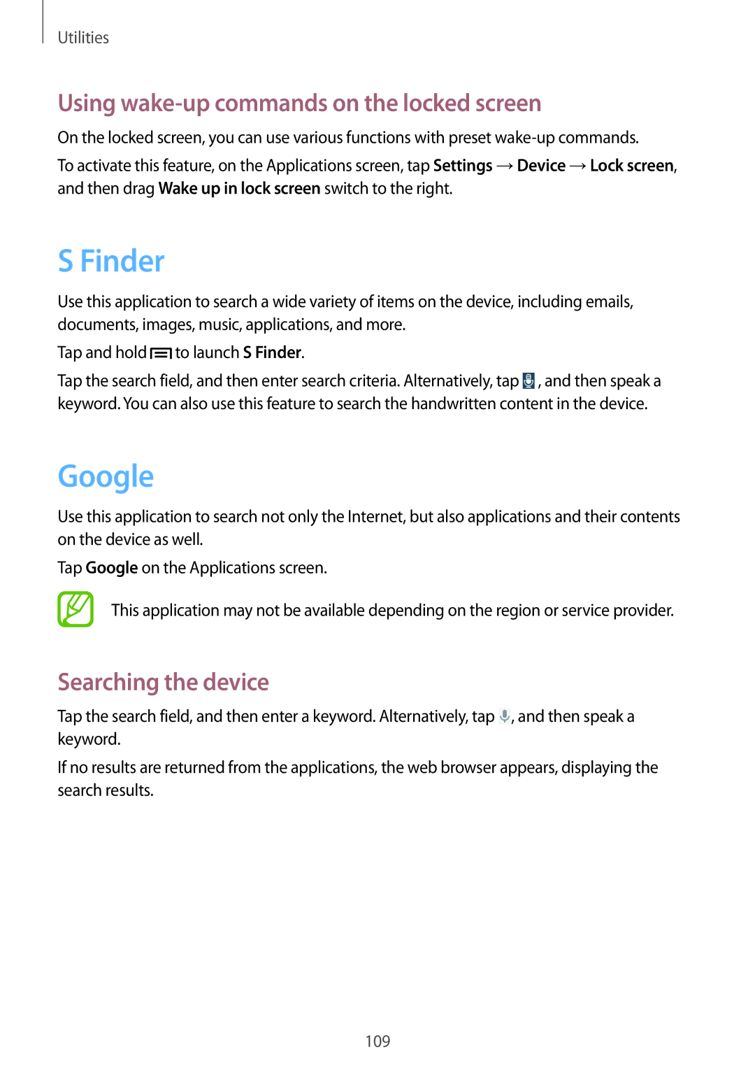 Samsung SM-P6010ZWASER, SM-P6010ZKAXXV Finder, Google, Using wake-up commands on the locked screen, Searching the device 