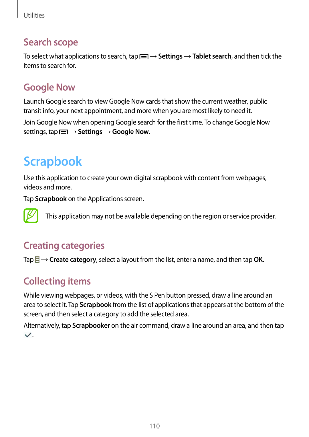 Samsung SM-P6010ZKAXXV, SM-P6010ZWAXXV manual Scrapbook, Search scope, Google Now, Creating categories, Collecting items 