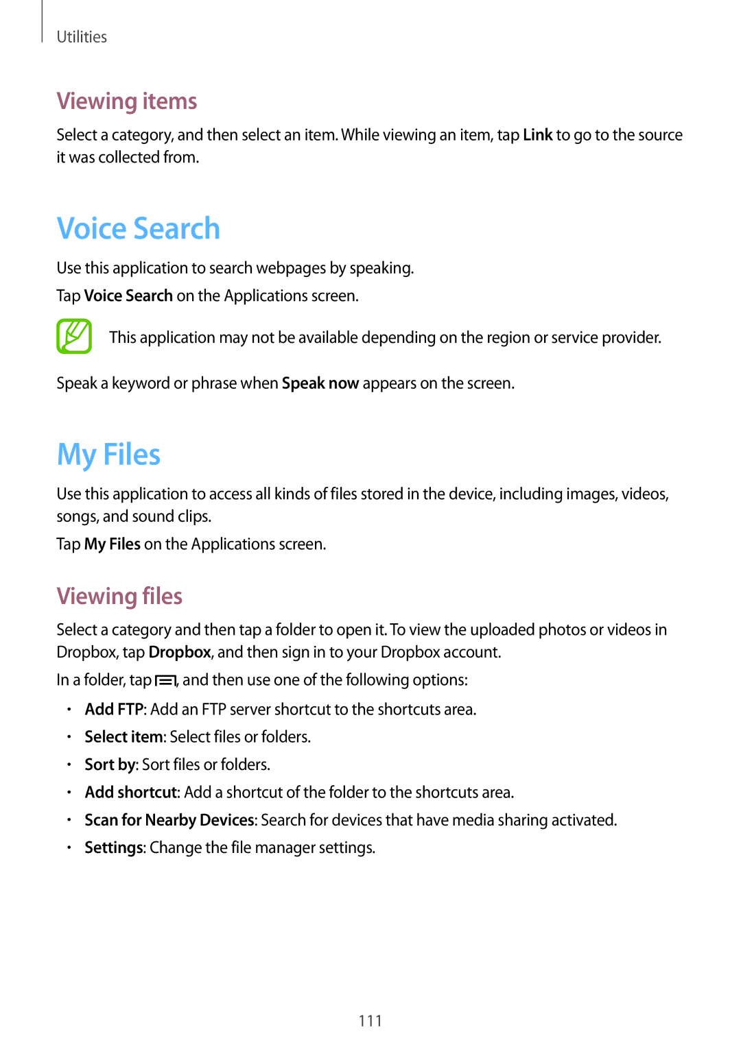 Samsung SM-P6010ZWAXXV, SM-P6010ZKAXXV, SM-P6010ZKESER, SM-P6010ZKAMGF Voice Search, My Files, Viewing items, Viewing files 