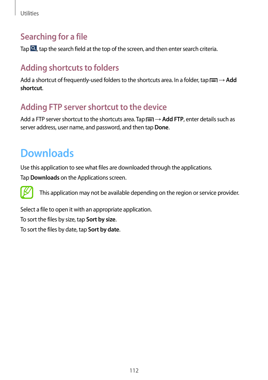 Samsung SM-P6010ZKESER, SM-P6010ZKAXXV, SM-P6010ZWAXXV manual Downloads, Searching for a file, Adding shortcuts to folders 