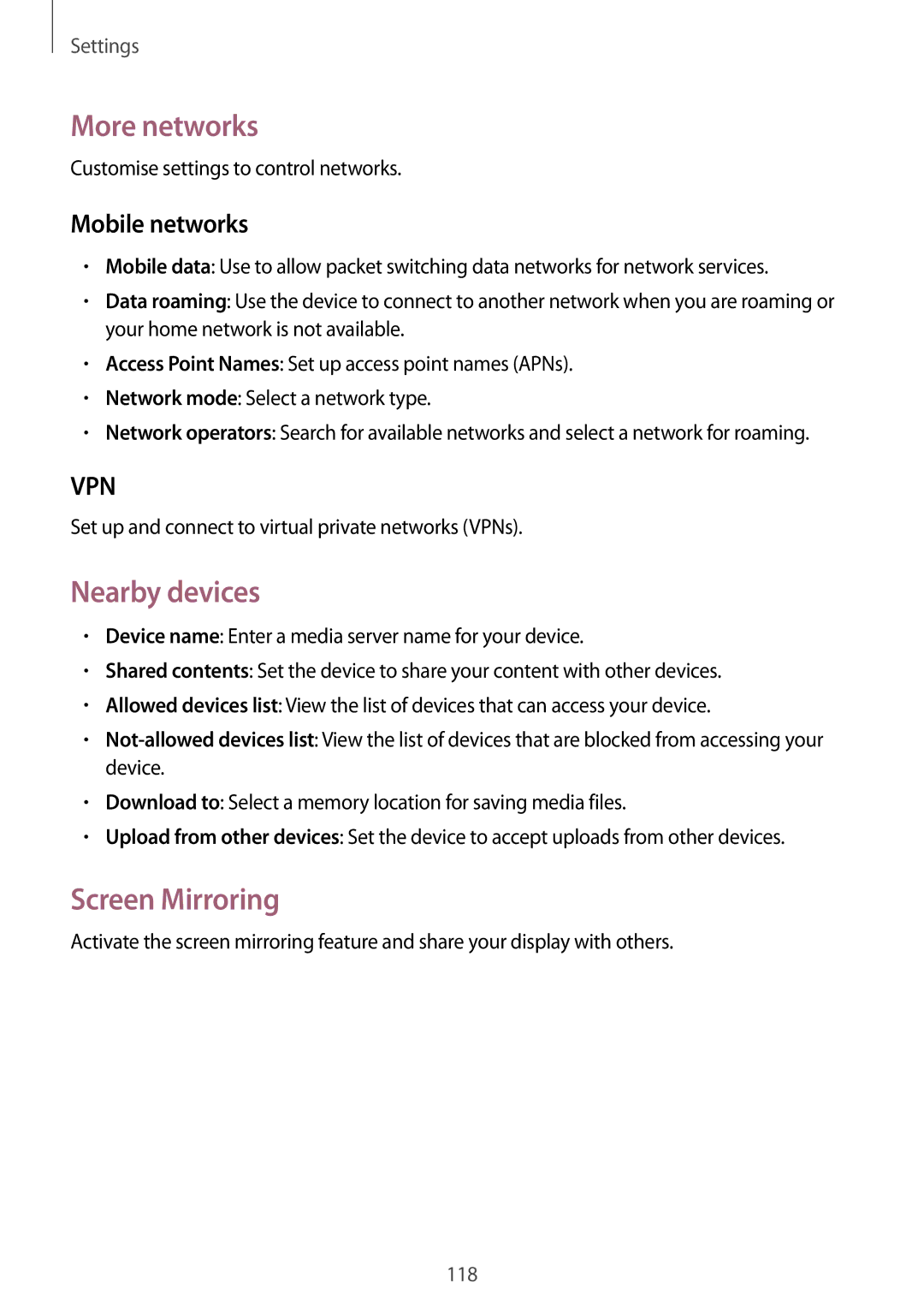 Samsung SM-P6010ZWEMGF, SM-P6010ZKAXXV, SM-P6010ZWAXXV More networks, Nearby devices, Screen Mirroring, Mobile networks 