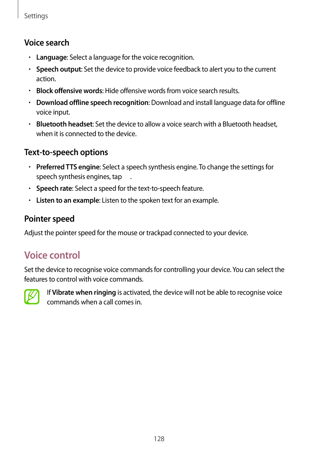 Samsung SM-P6010ZWEMGF, SM-P6010ZKAXXV, SM-P6010ZWAXXV Voice control, Voice search, Text-to-speech options, Pointer speed 