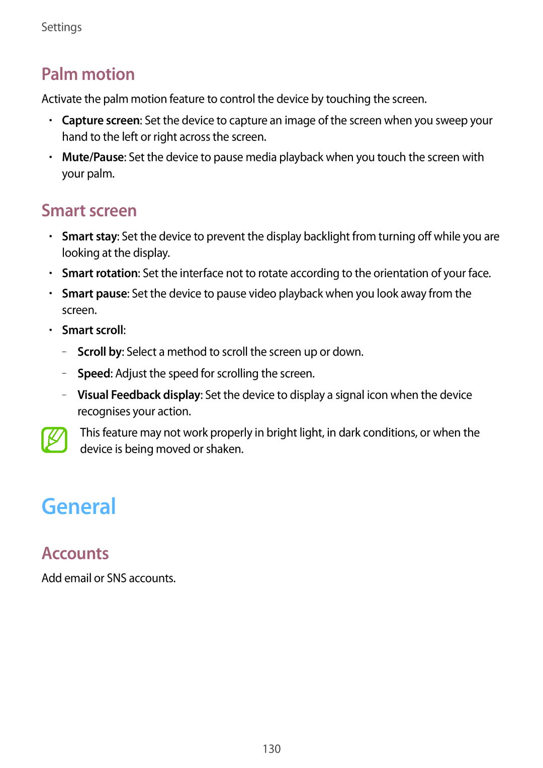 Samsung SM-P6010ZKAXXV, SM-P6010ZWAXXV, SM-P6010ZKESER manual General, Palm motion, Smart screen, Accounts, Smart scroll 