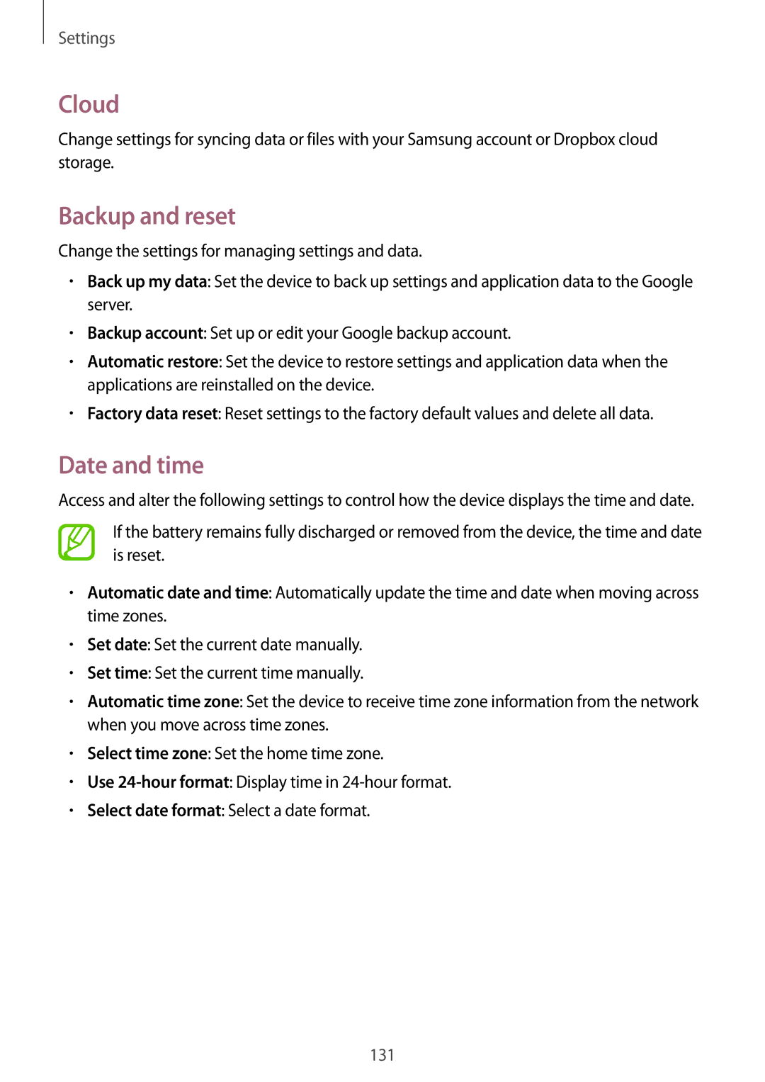 Samsung SM-P6010ZWAXXV, SM-P6010ZKAXXV, SM-P6010ZKESER, SM-P6010ZKAMGF, SM-P6010ZKASER Cloud, Backup and reset, Date and time 