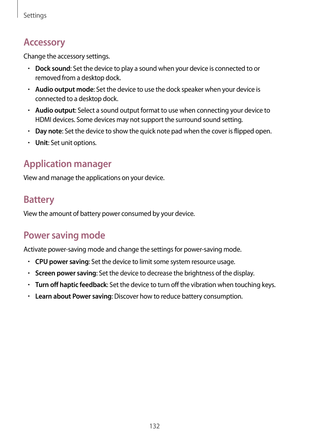 Samsung SM-P6010ZKESER, SM-P6010ZKAXXV, SM-P6010ZWAXXV manual Accessory, Application manager, Battery, Power saving mode 