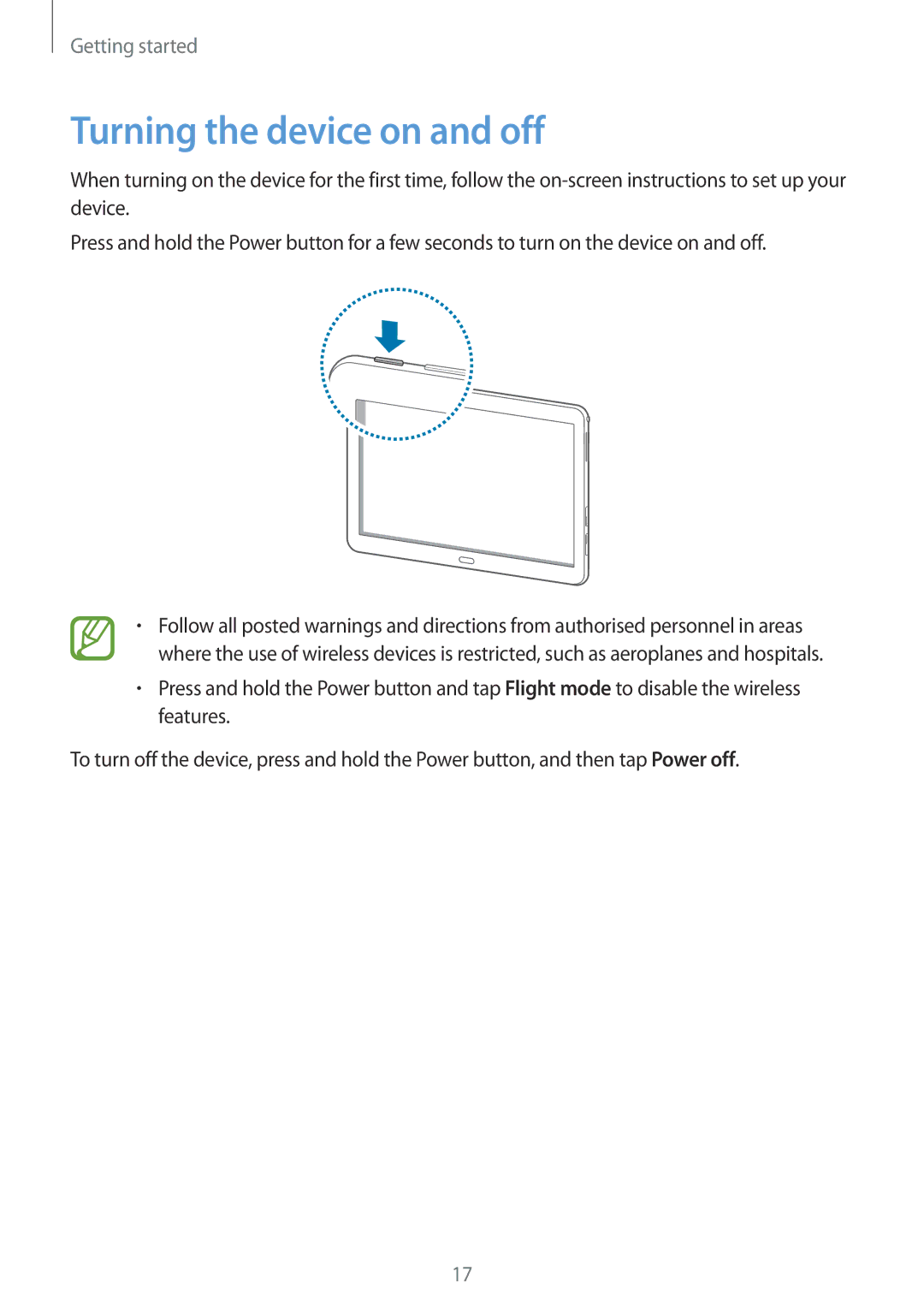 Samsung SM-P6010ZWESER, SM-P6010ZKAXXV, SM-P6010ZWAXXV, SM-P6010ZKESER, SM-P6010ZKAMGF manual Turning the device on and off 