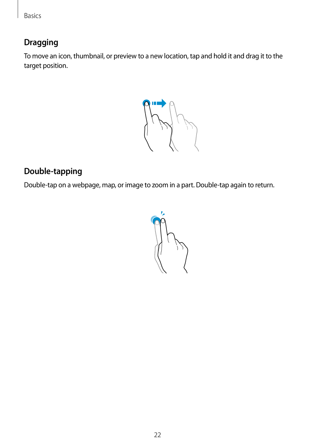 Samsung SM-P6010ZKESER, SM-P6010ZKAXXV, SM-P6010ZWAXXV, SM-P6010ZKAMGF, SM-P6010ZKASER manual Dragging, Double-tapping 