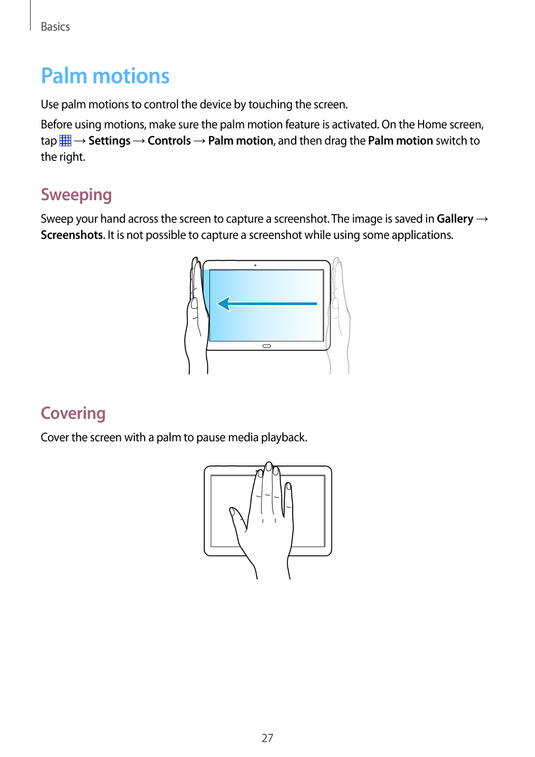 Samsung SM-P6010ZWESER, SM-P6010ZKAXXV, SM-P6010ZWAXXV, SM-P6010ZKESER, SM-P6010ZKAMGF manual Palm motions, Sweeping, Covering 