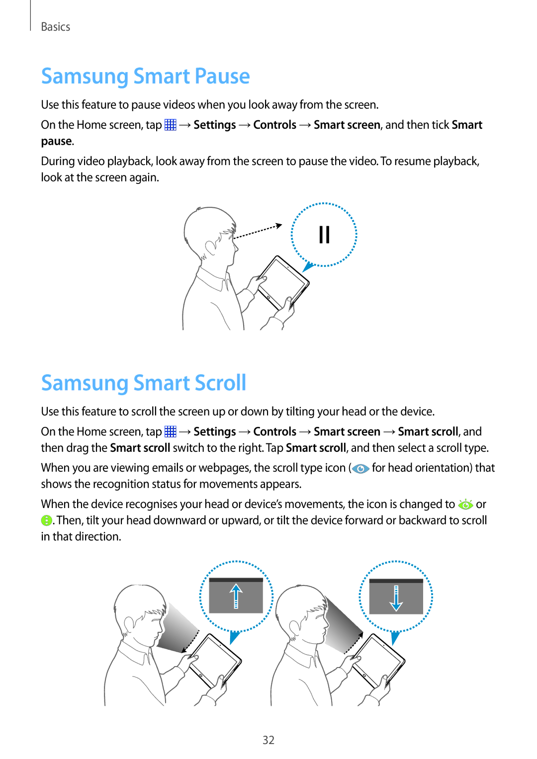 Samsung SM-P6010ZKESER, SM-P6010ZKAXXV, SM-P6010ZWAXXV, SM-P6010ZKAMGF manual Samsung Smart Pause, Samsung Smart Scroll 