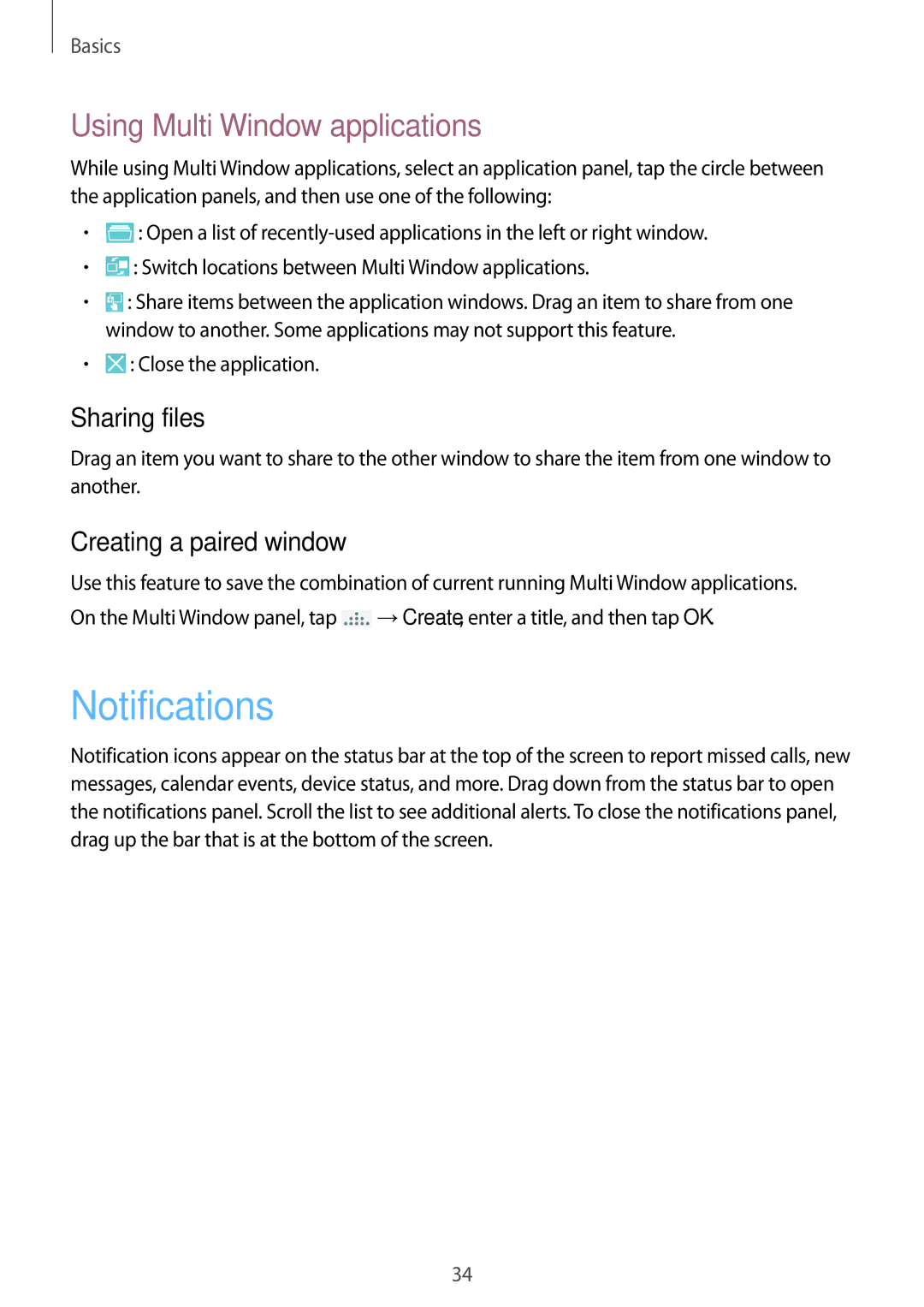 Samsung SM-P6010ZKASER manual Notifications, Using Multi Window applications, Sharing files, Creating a paired window 