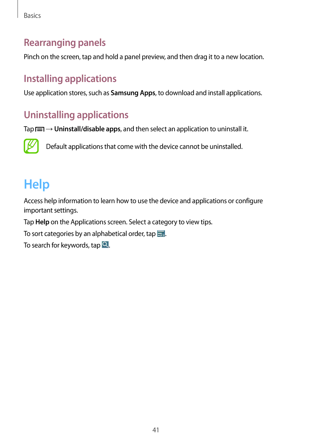 Samsung SM-P6010ZWAXXV, SM-P6010ZKAXXV, SM-P6010ZKESER manual Help, Installing applications, Uninstalling applications 