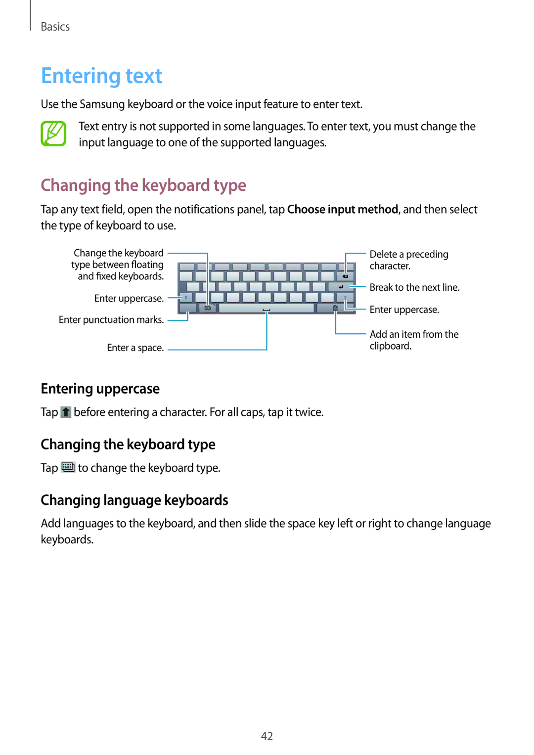 Samsung SM-P6010ZKESER manual Entering text, Changing the keyboard type, Entering uppercase, Changing language keyboards 