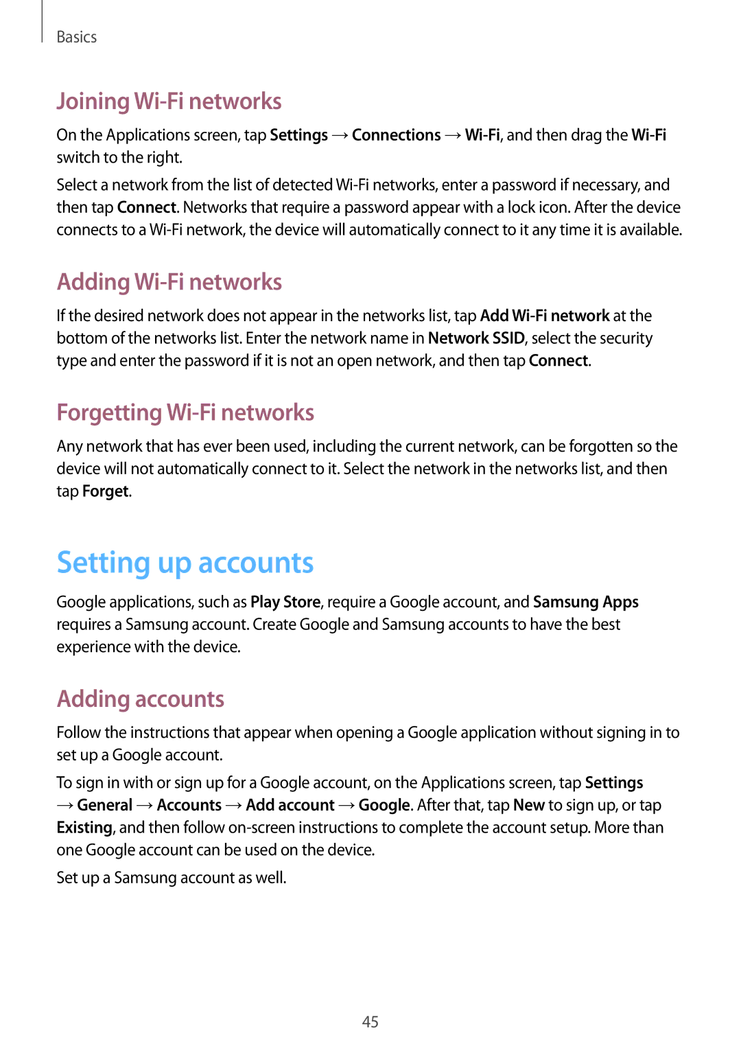 Samsung SM-P6010ZKEMGF manual Setting up accounts, Joining Wi-Fi networks, Adding Wi-Fi networks, Forgetting Wi-Fi networks 