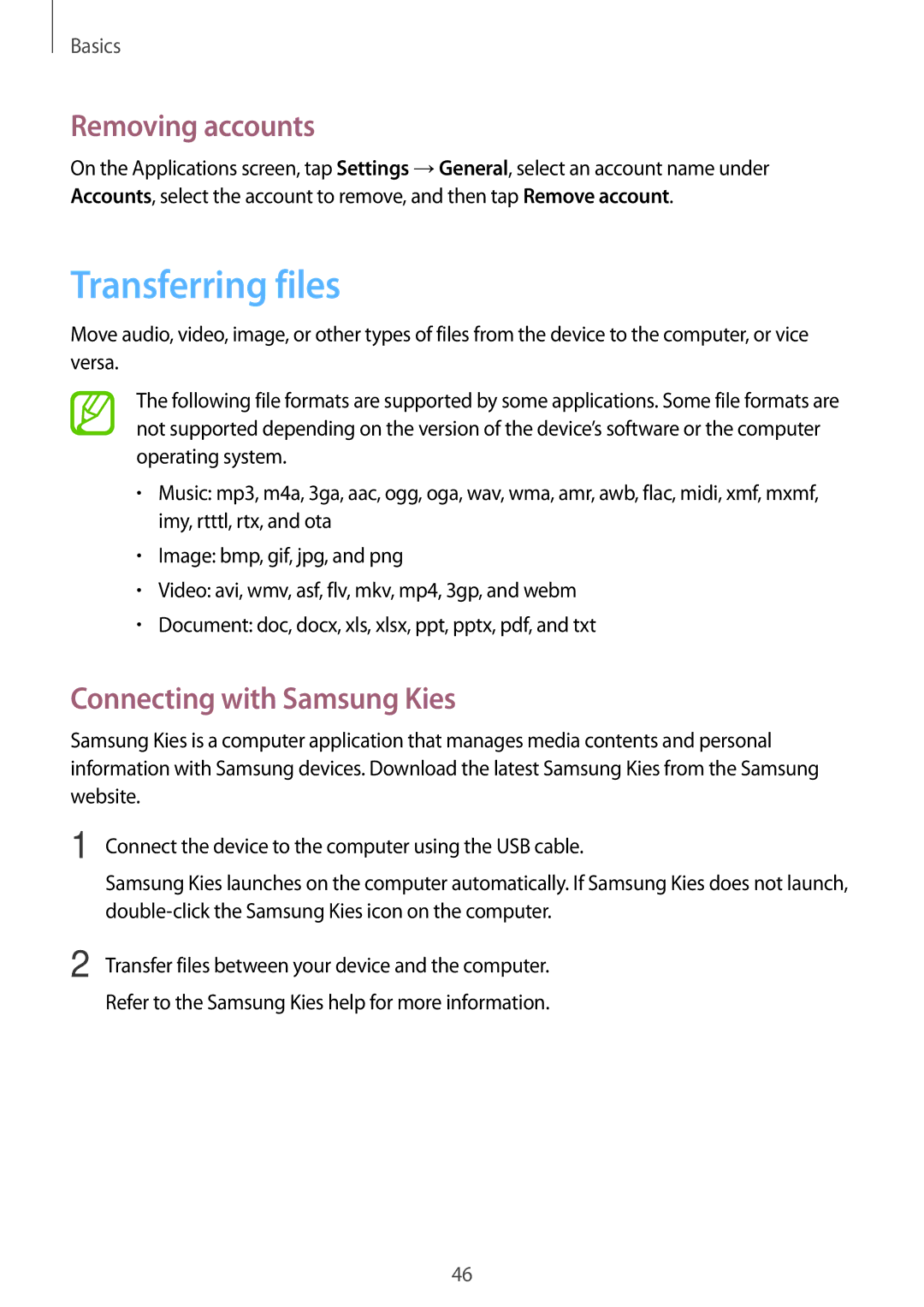 Samsung SM-P6010ZWAMGF, SM-P6010ZKAXXV, SM-P6010ZWAXXV Transferring files, Removing accounts, Connecting with Samsung Kies 