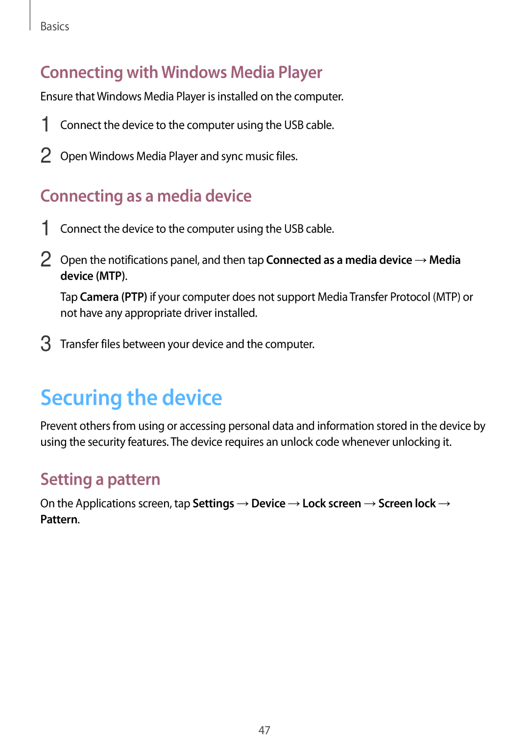 Samsung SM-P6010ZWESER Securing the device, Connecting with Windows Media Player, Connecting as a media device, Device MTP 