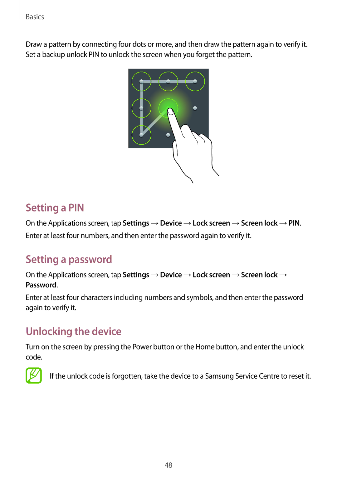 Samsung SM-P6010ZWEMGF, SM-P6010ZKAXXV, SM-P6010ZWAXXV manual Setting a PIN, Setting a password, Unlocking the device 