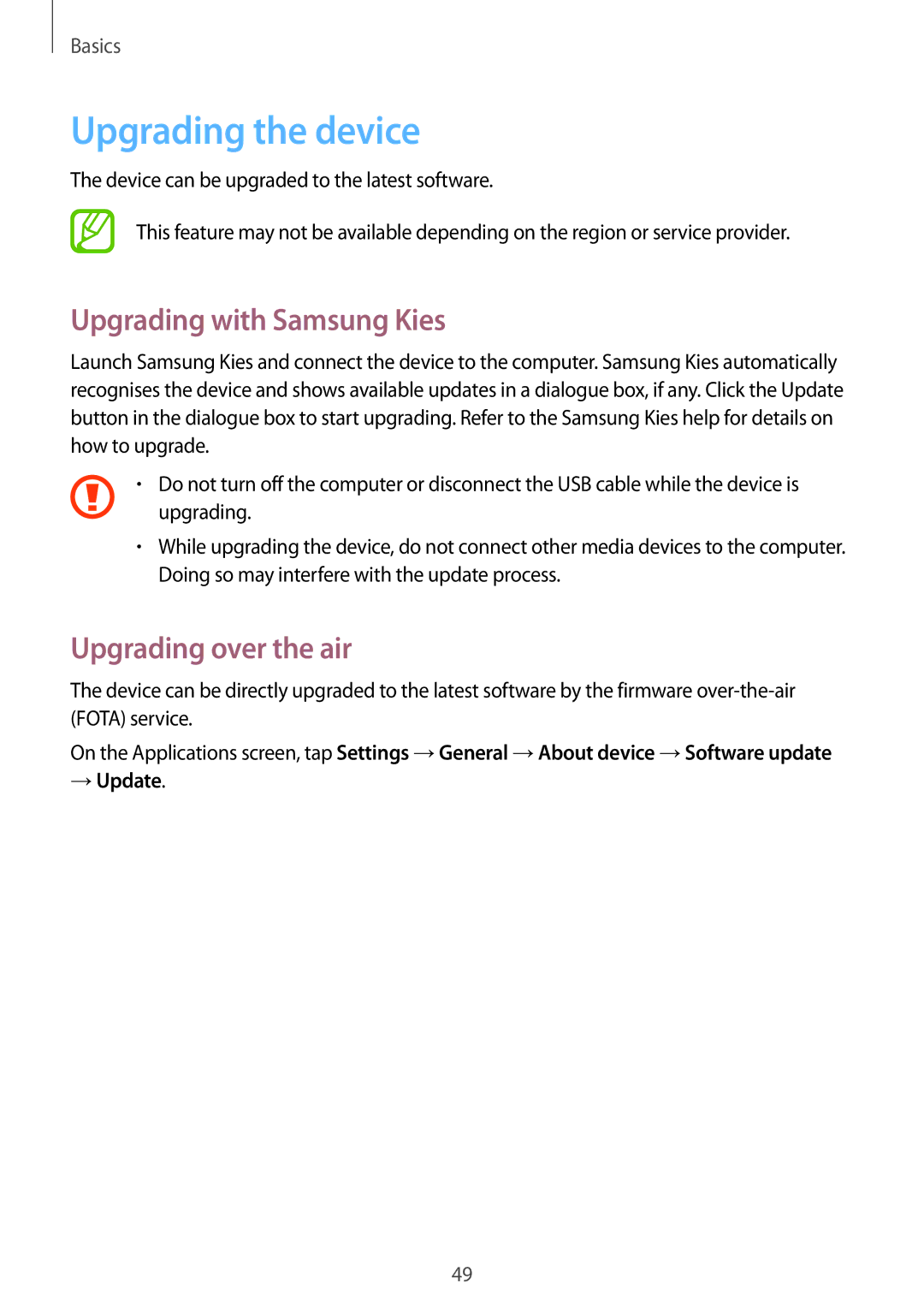 Samsung SM-P6010ZWASER, SM-P6010ZKAXXV Upgrading the device, Upgrading with Samsung Kies, Upgrading over the air, → Update 