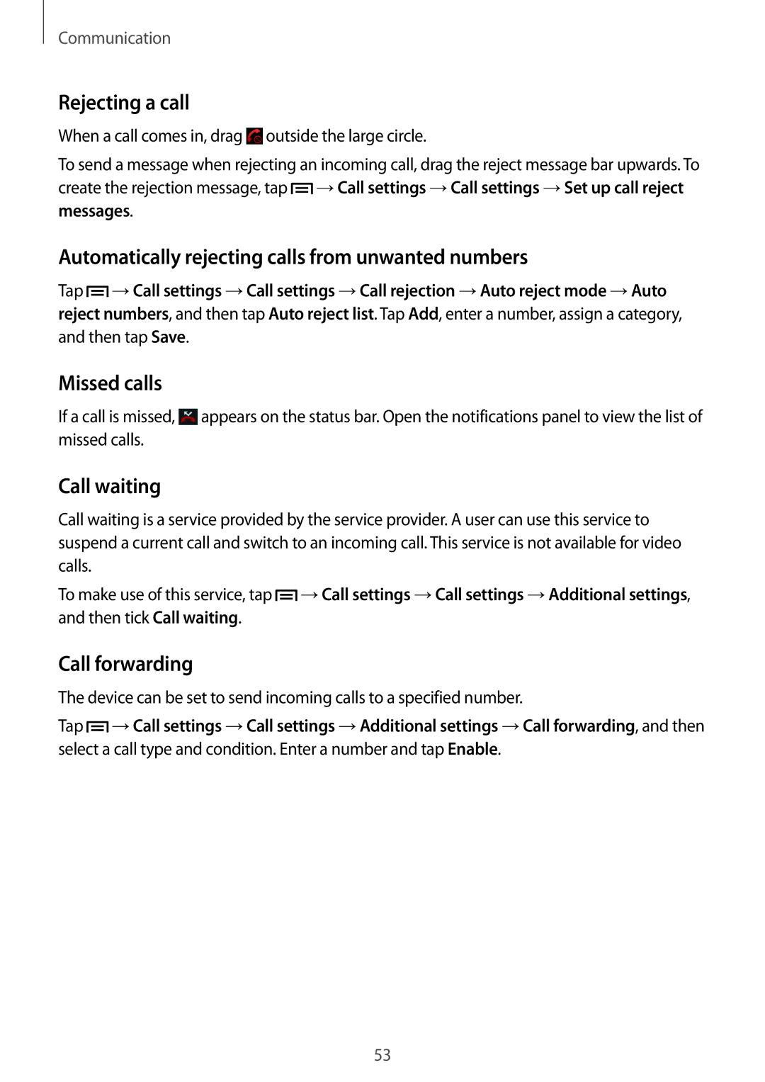 Samsung SM-P6010ZKAMGF Rejecting a call, Automatically rejecting calls from unwanted numbers, Missed calls, Call waiting 