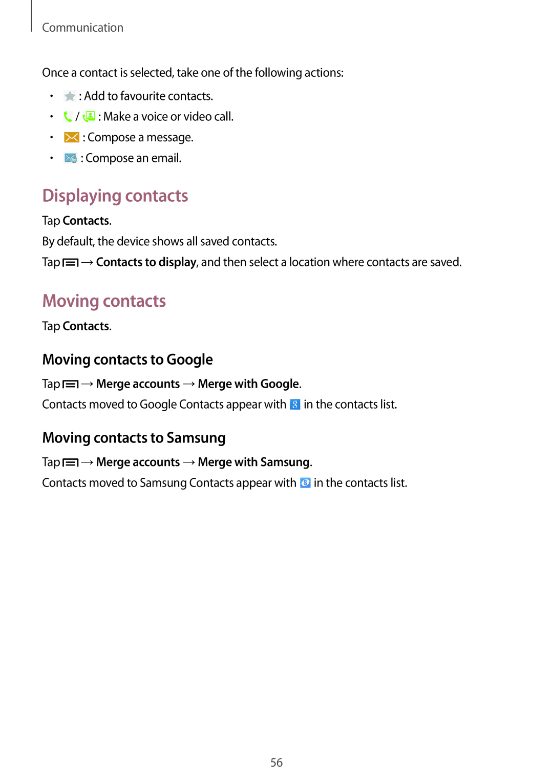 Samsung SM-P6010ZWAMGF, SM-P6010ZKAXXV manual Displaying contacts, Moving contacts to Google, Moving contacts to Samsung 