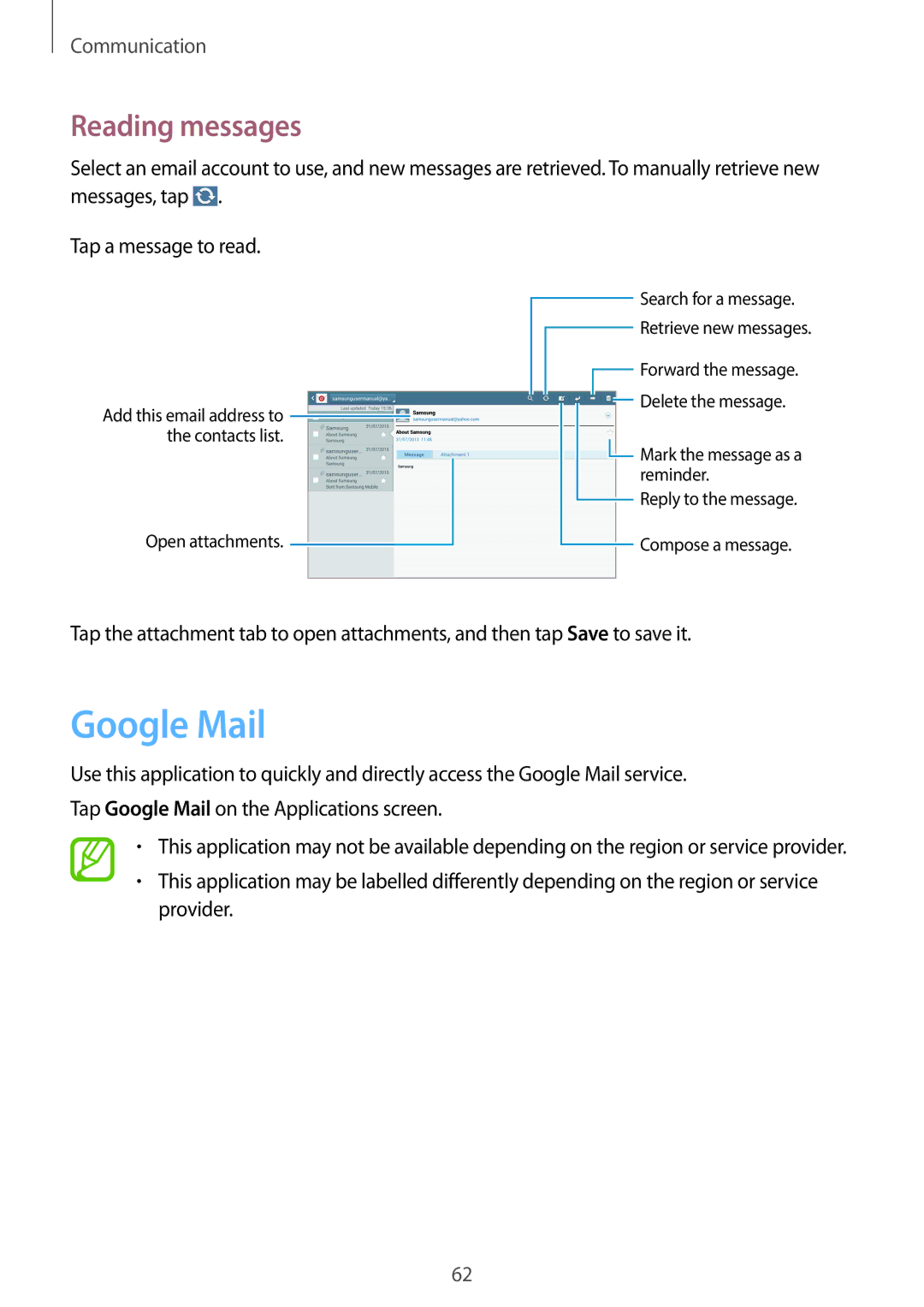 Samsung SM-P6010ZKESER, SM-P6010ZKAXXV, SM-P6010ZWAXXV, SM-P6010ZKAMGF, SM-P6010ZKASER manual Google Mail, Reading messages 