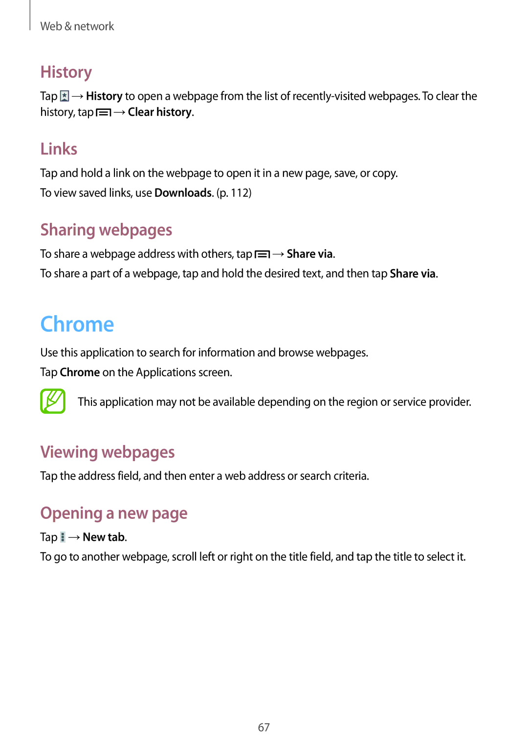 Samsung SM-P6010ZWESER, SM-P6010ZKAXXV, SM-P6010ZWAXXV manual Chrome, History, Links, Sharing webpages, Tap →New tab 