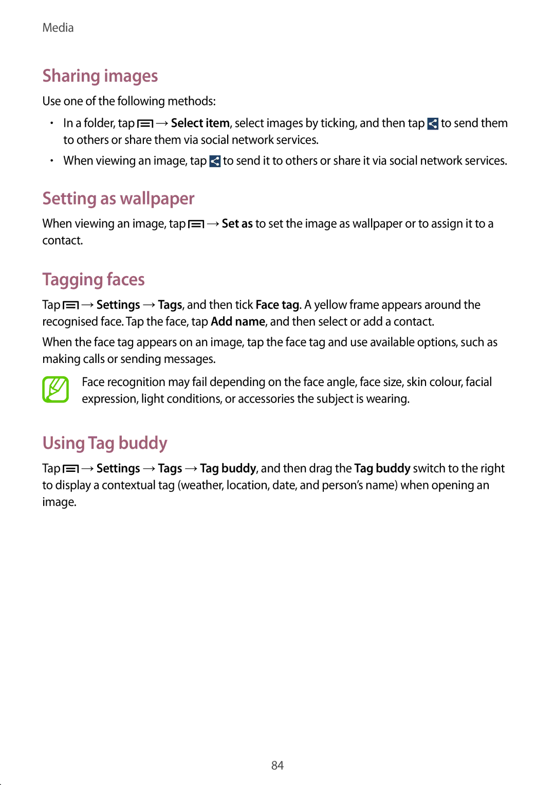 Samsung SM-P6010ZKASER, SM-P6010ZKAXXV, SM-P6010ZWAXXV Sharing images, Setting as wallpaper, Tagging faces, Using Tag buddy 