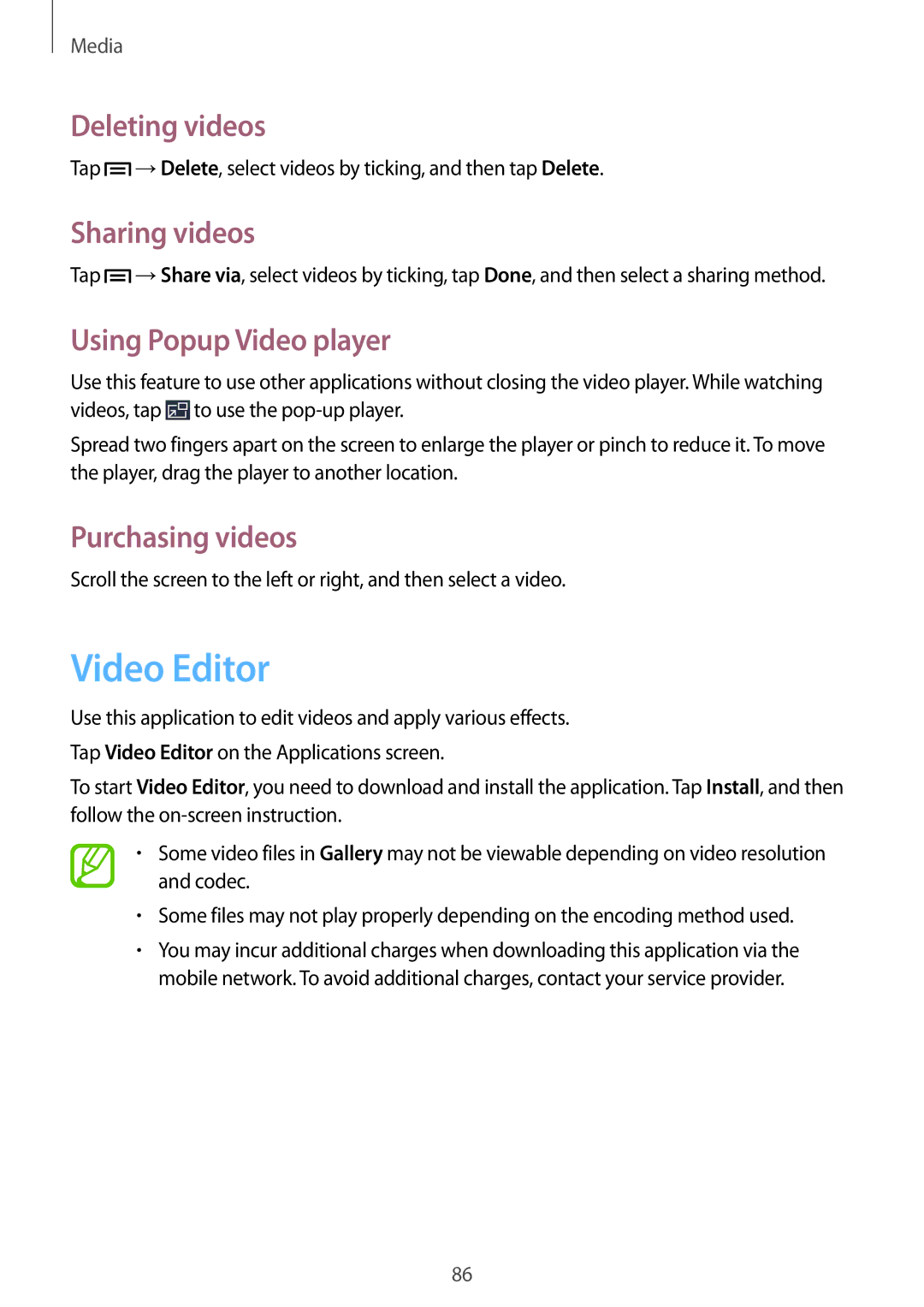 Samsung SM-P6010ZWAMGF manual Video Editor, Deleting videos, Sharing videos, Using Popup Video player, Purchasing videos 