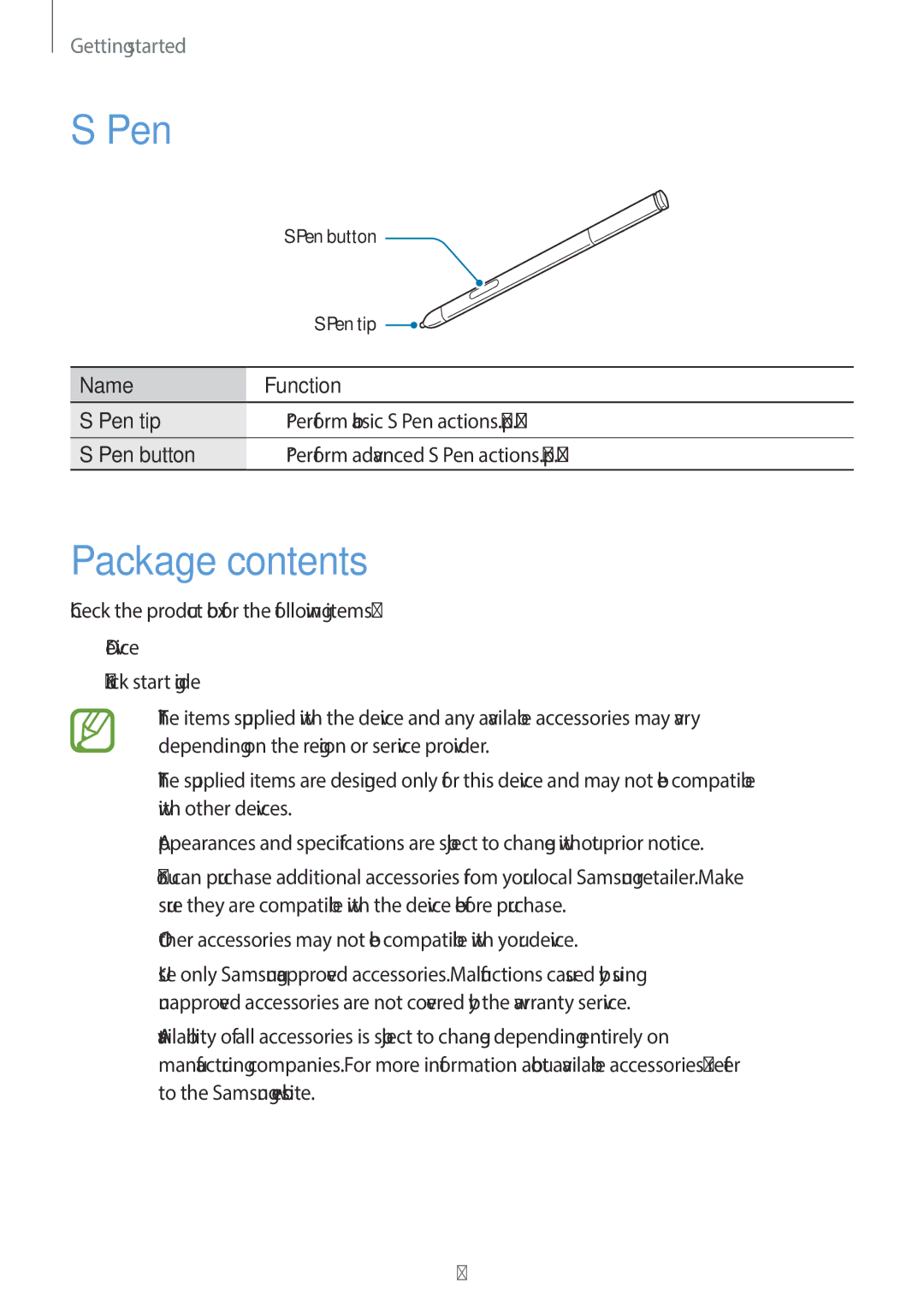 Samsung SM-P6010ZWASER, SM-P6010ZKAXXV, SM-P6010ZWAXXV, SM-P6010ZKESER, SM-P6010ZKAMGF, SM-P6010ZKASER Pen, Package contents 