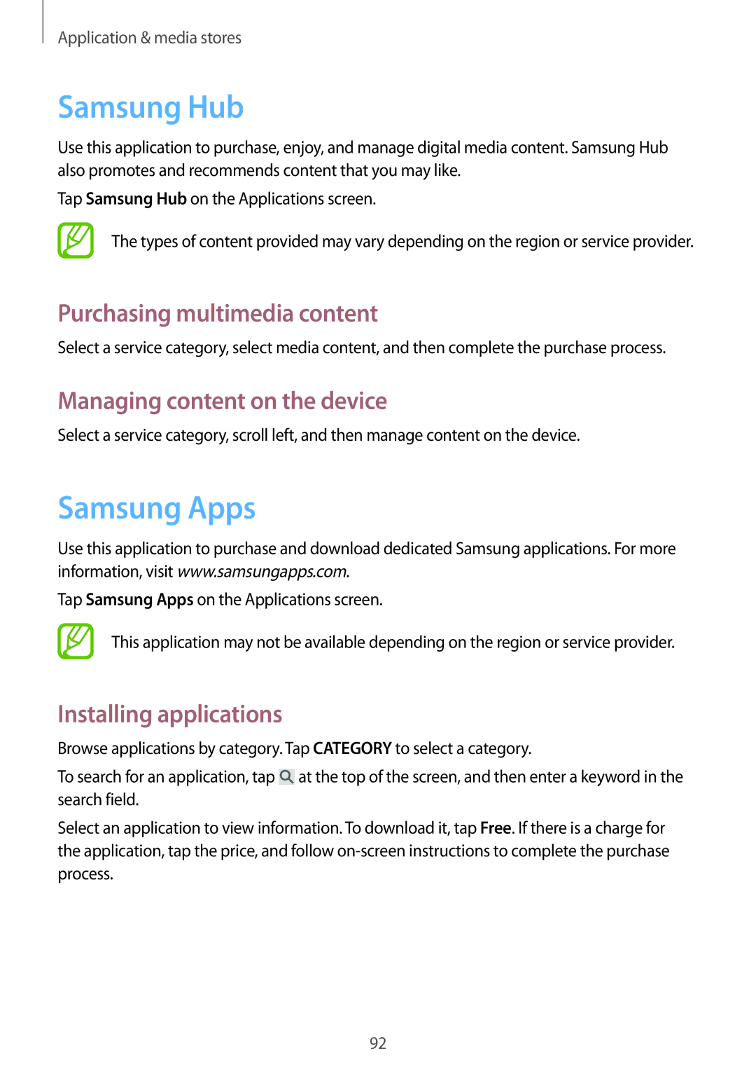 Samsung SM-P6010ZKESER manual Samsung Hub, Samsung Apps, Purchasing multimedia content, Managing content on the device 