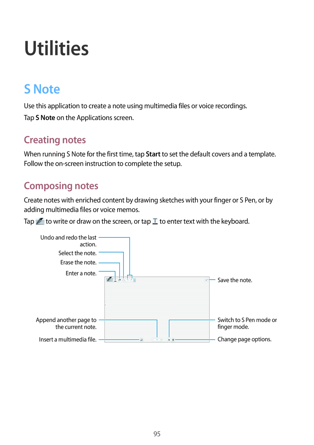 Samsung SM-P6010ZKEMGF, SM-P6010ZKAXXV, SM-P6010ZWAXXV, SM-P6010ZKESER manual Utilities, Creating notes, Composing notes 