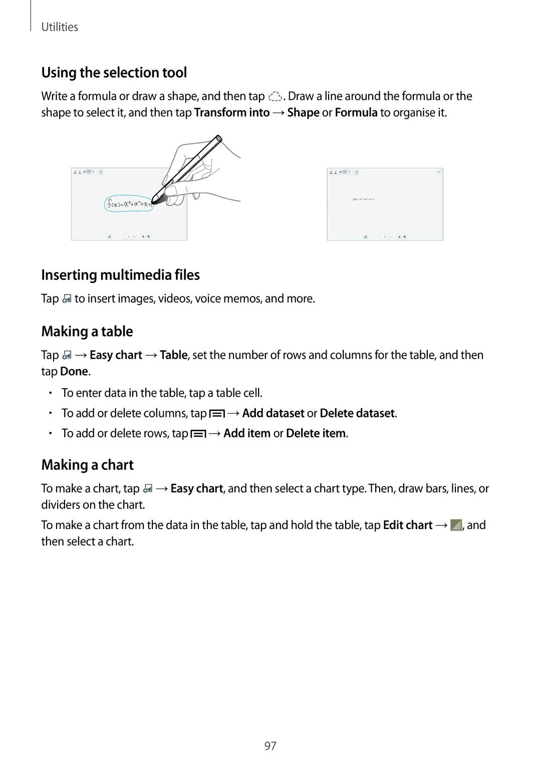 Samsung SM-P6010ZWESER manual Using the selection tool, Inserting multimedia files, Making a table, Making a chart 