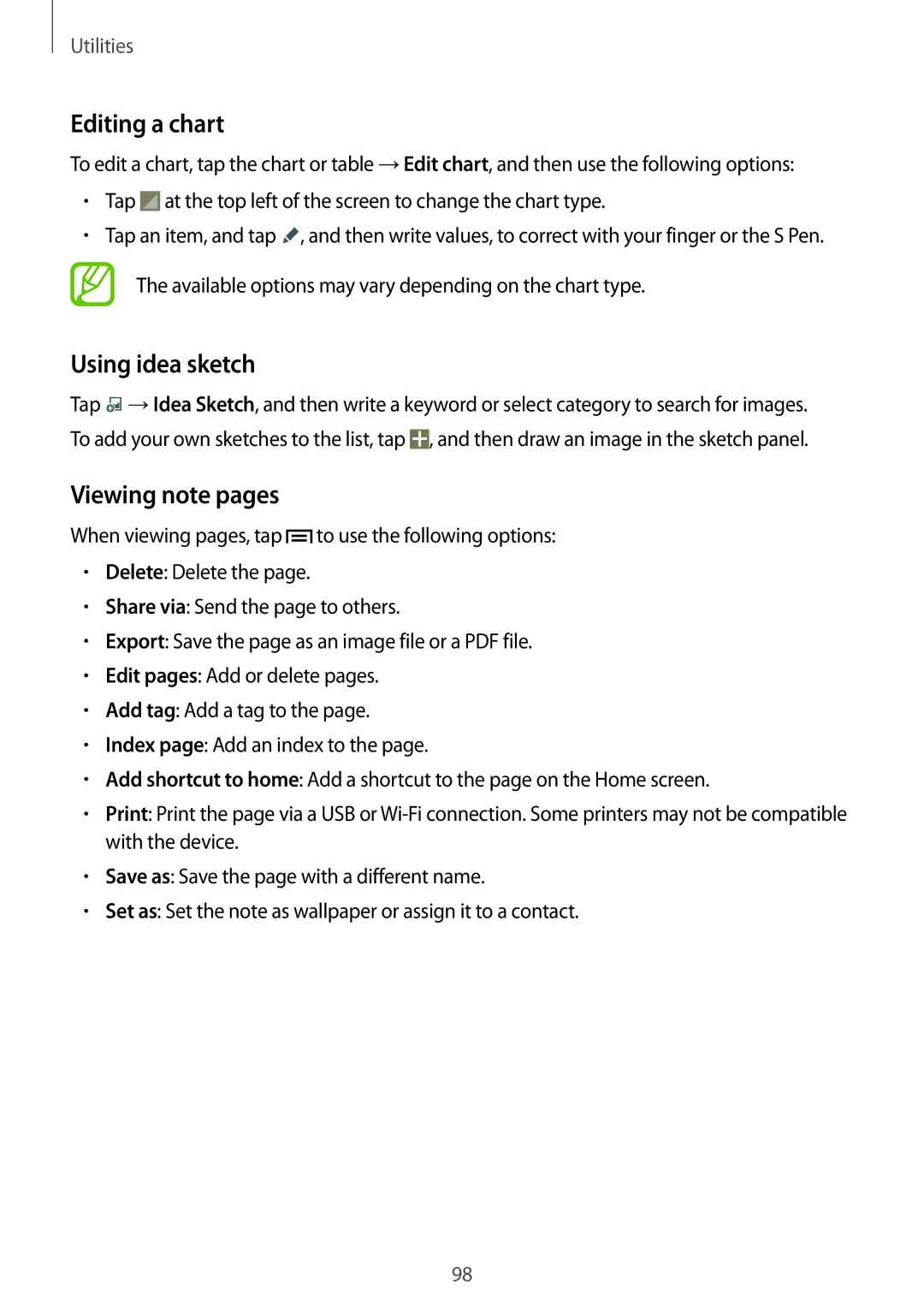 Samsung SM-P6010ZWEMGF, SM-P6010ZKAXXV, SM-P6010ZWAXXV manual Editing a chart, Using idea sketch, Viewing note pages 