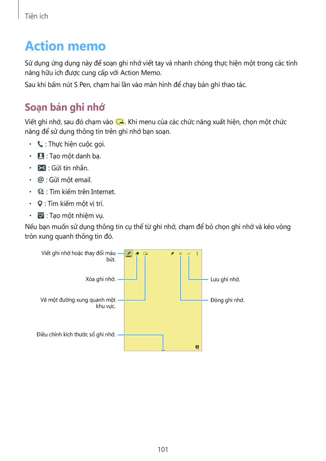 Samsung SM-P6010ZWAXXV, SM-P6010ZKAXXV manual Action memo, Soạn bản ghi nhớ 