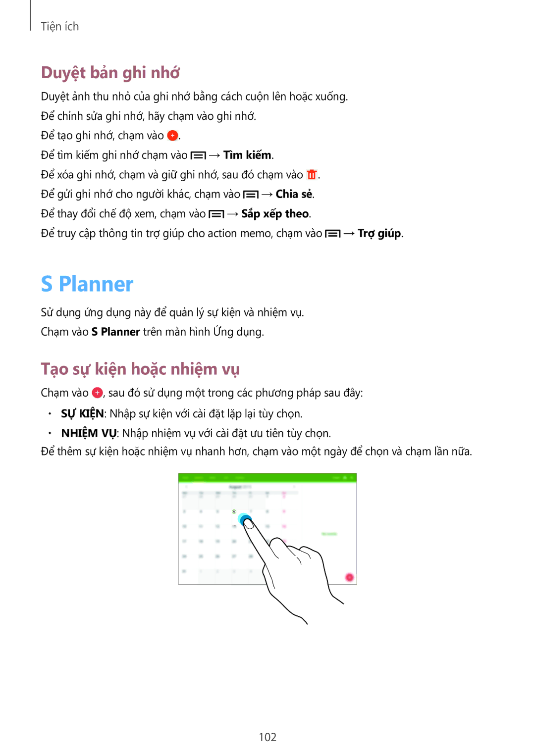 Samsung SM-P6010ZKAXXV, SM-P6010ZWAXXV manual Planner, Duyệt bản ghi nhớ, Tạo sự kiện hoặc nhiệm vụ 