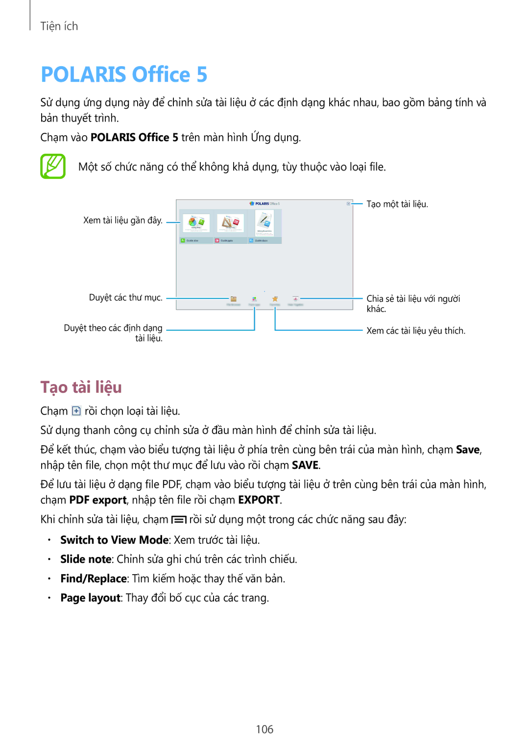 Samsung SM-P6010ZKAXXV, SM-P6010ZWAXXV manual Polaris Office, Tạo tài liệu 