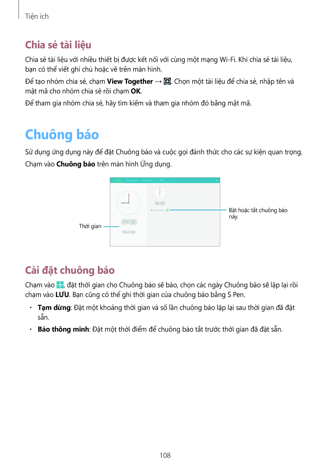 Samsung SM-P6010ZKAXXV, SM-P6010ZWAXXV manual Chuông báo, Chia sẻ tài liệu, Cài đặt chuông báo 