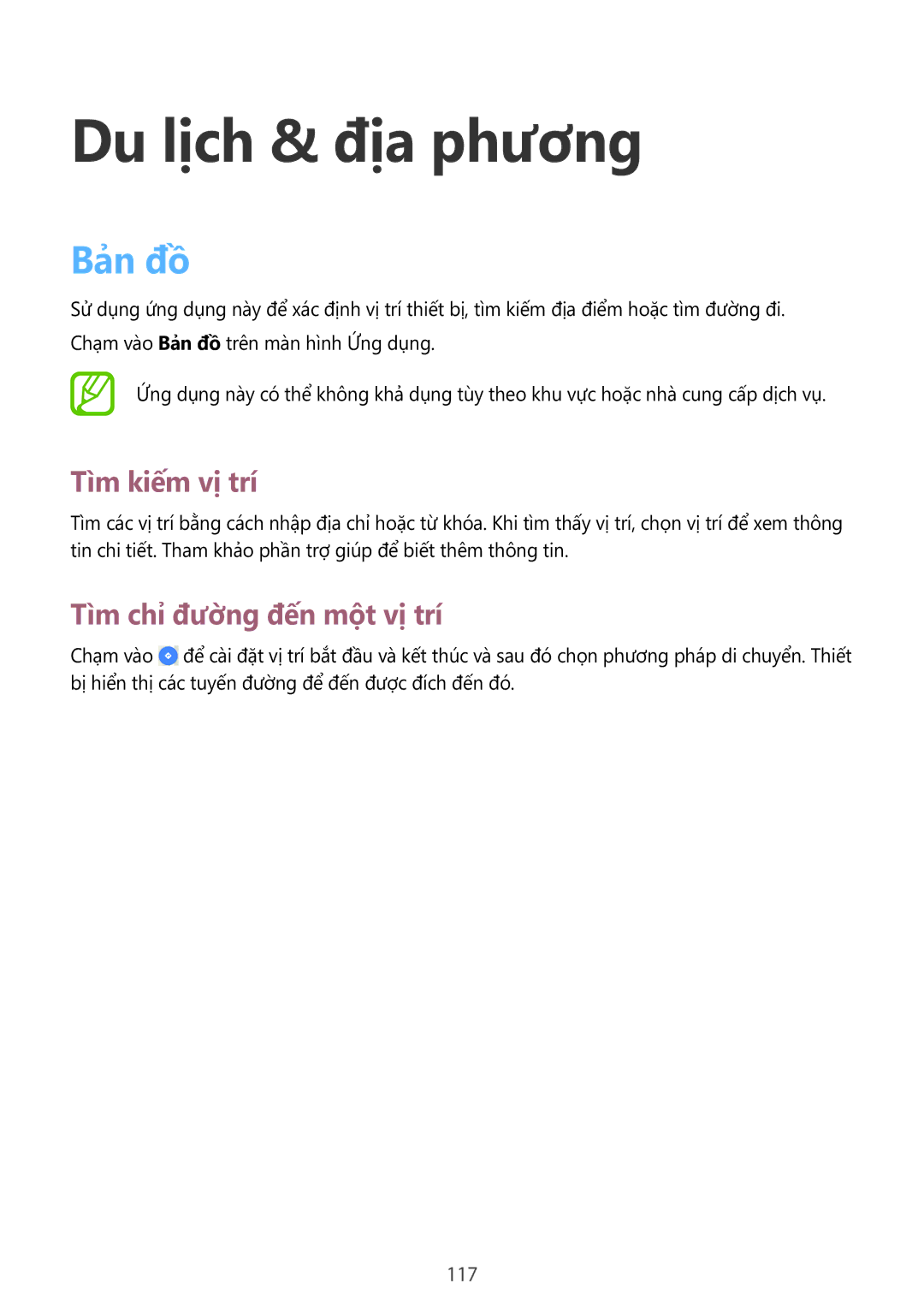 Samsung SM-P6010ZWAXXV, SM-P6010ZKAXXV manual Du lịch & địa phương, Bản đồ, Tìm kiếm vị trí, Tìm chỉ đường đến một vị trí 