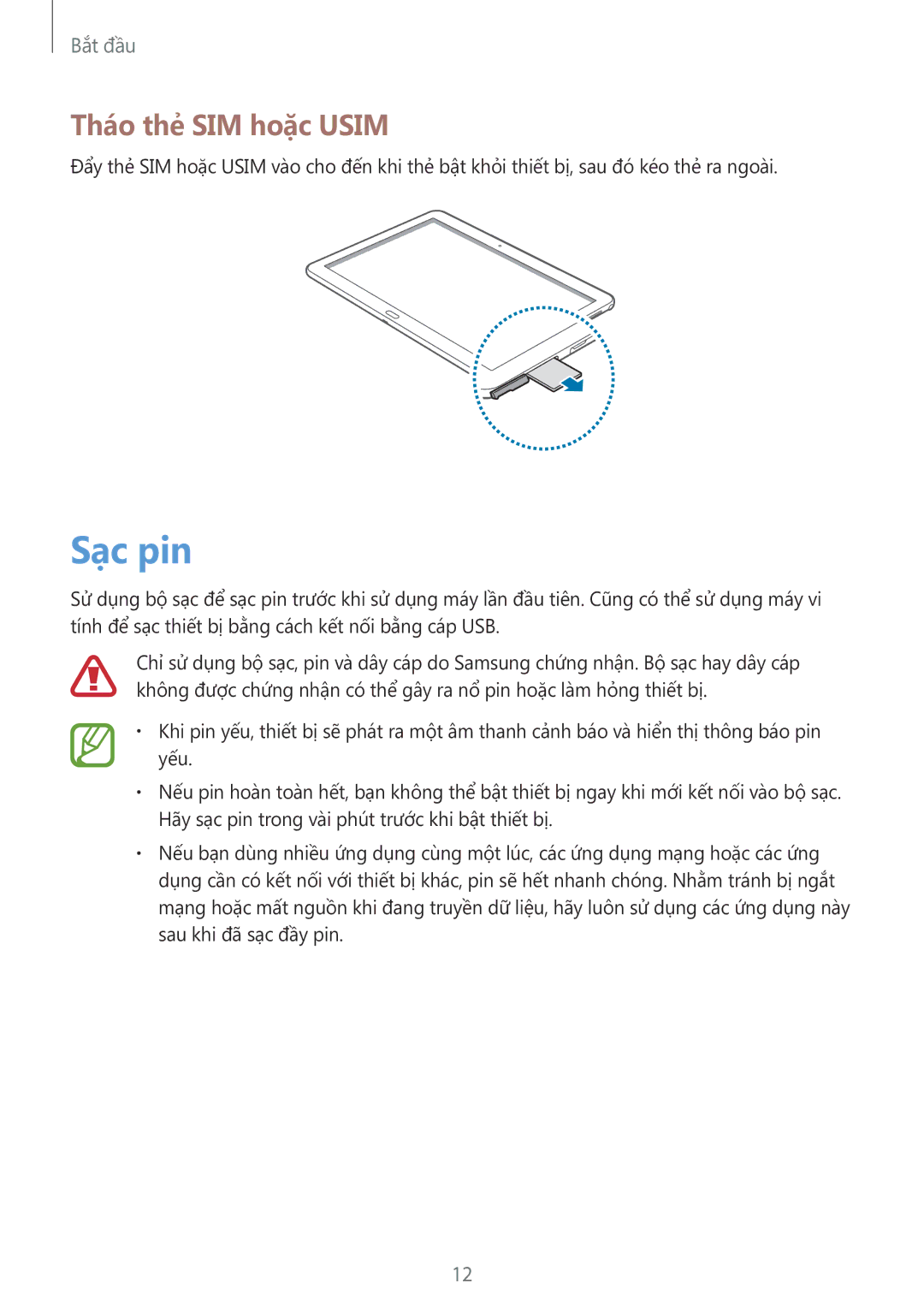 Samsung SM-P6010ZKAXXV, SM-P6010ZWAXXV manual Sạc pin, Tháo thẻ SIM hoặc Usim 