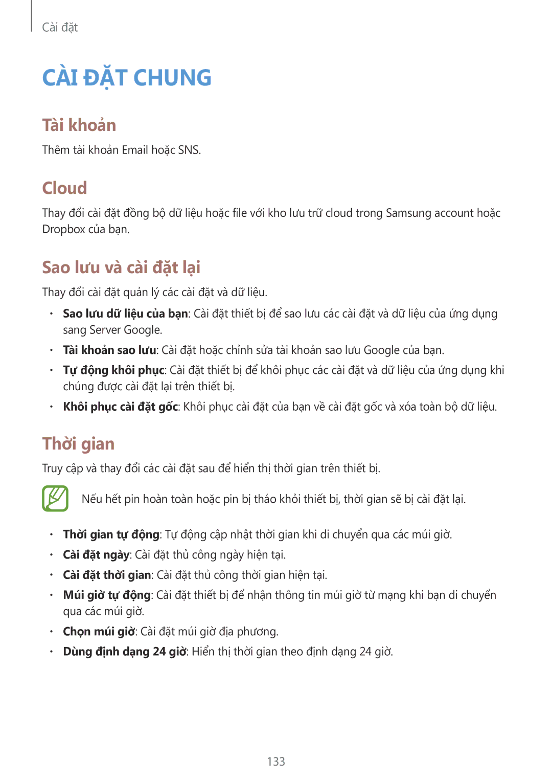 Samsung SM-P6010ZWAXXV, SM-P6010ZKAXXV manual Tài khoản, Cloud, Sao lưu và cai đặt lại, Thời gian 