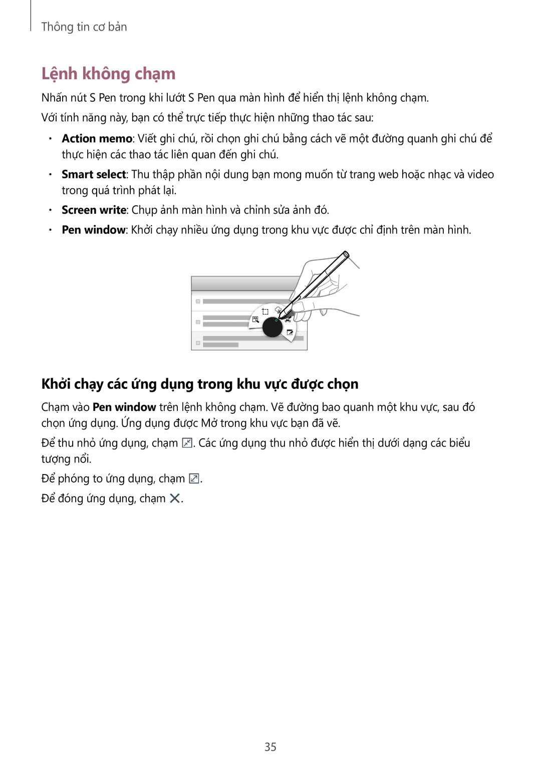 Samsung SM-P6010ZWAXXV, SM-P6010ZKAXXV manual Lệnh không chạm, Khởi chạy các ứng dụng trong khu vực được chọn 