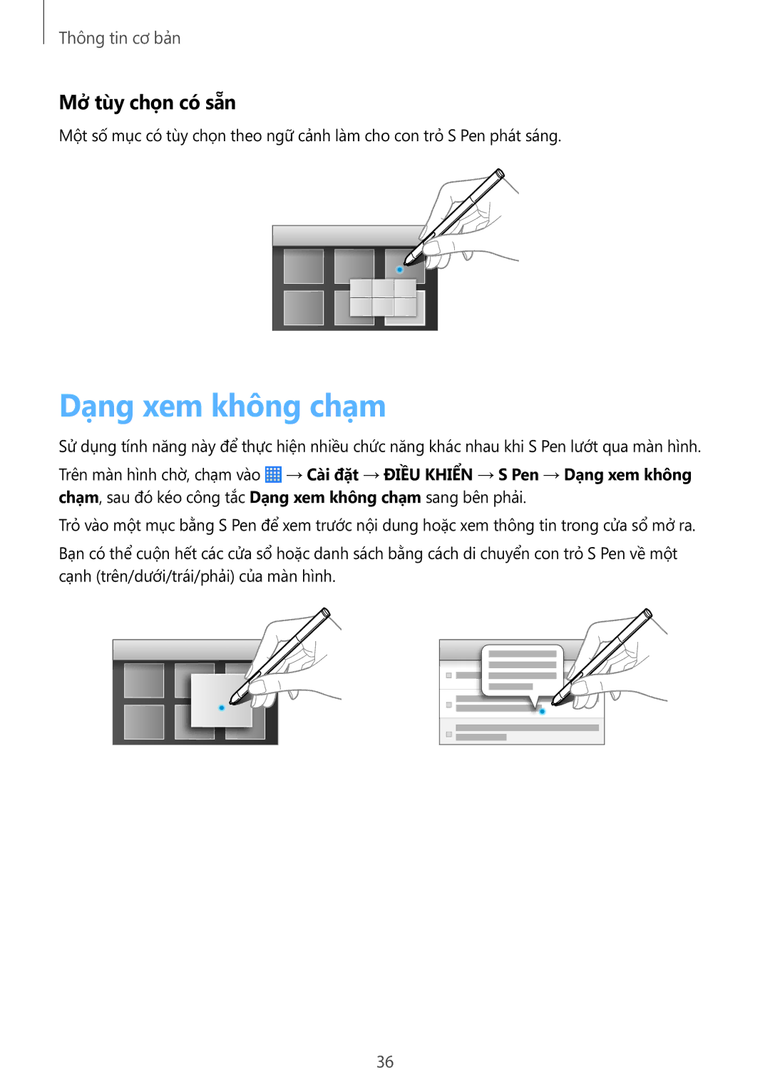 Samsung SM-P6010ZKAXXV, SM-P6010ZWAXXV manual Dạng xem không chạm, Mở tùy chọn có sẵn 